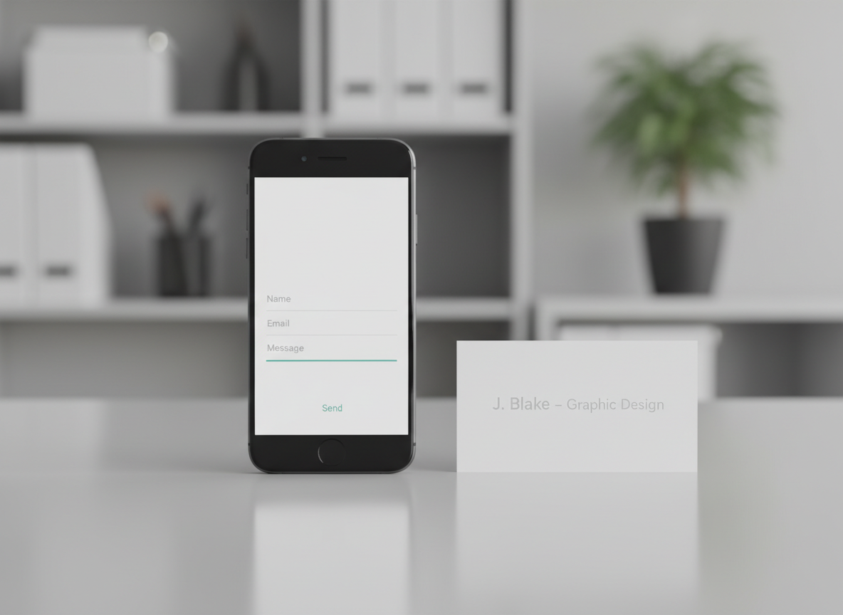 An elegant “Contact Me” concept featuring a slim, matte-black smartphone placed precisely on a smooth, light gray desk surface, its screen displaying a minimal contact form with neatly aligned fields and a subtle accent line in muted teal. Beside it, a simple white business card with “J. Blake – Graphic Design” in refined sans-serif type rests perfectly parallel to the phone. The background fades into a softly blurred, neutral office setting with hints of organized shelving. Soft, directional studio lighting from the left creates delicate highlights along the phone’s edges and gentle, structured shadows. Photographed from a slightly elevated angle with a shallow depth of field isolating the phone and card, the mood is polished, approachable, and corporate, capturing a professional, photographic realism ideal for a portfolio contact section.