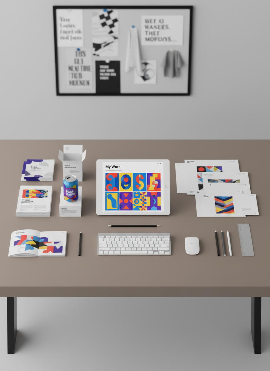 A carefully arranged flat lay of a graphic designer’s workstation featuring neatly stacked advertising mockups, precision-cut print layouts, and a tablet displaying a grid of bold, colorful poster designs labeled “My Work.” The desk surface is a smooth, warm-gray laminate, bordered by a slim metallic keyboard and a compact, wireless mouse. A monochrome mood board is pinned on a blurred background wall, maintaining a neutral palette. Soft studio lighting from above creates even illumination, crisp edges, and minimal reflections, resulting in a calm, organized atmosphere. Shot from a true bird’s-eye view, the composition emphasizes structure and order, with straight, parallel alignments. The photographic style is clean and modern, ideal for a professional portfolio site hero section.