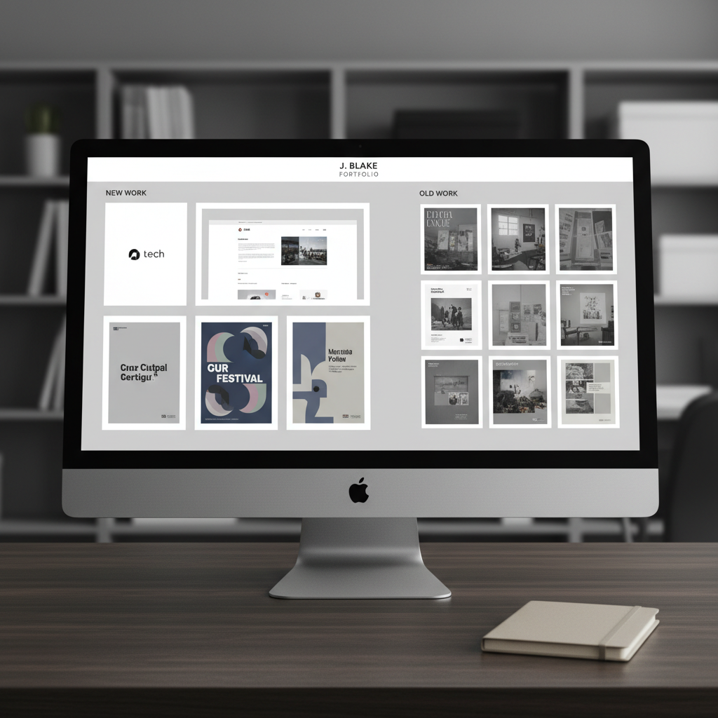 A split-screen monitor view showing contemporary “New Work” on the left and slightly desaturated “Old Work” thumbnails on the right, all graphic design pieces framed in consistent white borders. The monitor sits on a dark wood desk with a subtle grain, accompanied by a simple, brushed-aluminum stand and a small, closed, neutral beige notebook aligned square to the screen. The room background fades into a soft blur of gray tones and indistinct shelving, maintaining a corporate studio feel. Even, cool-white overhead lighting produces minimal glare on the monitor and crisp, controlled shadows beneath the stand. Captured straight-on at eye level with sharp focus, the composition feels balanced and methodical, conveying a sense of progression and professionalism in J. Blake’s portfolio with a clean, photographic aesthetic.